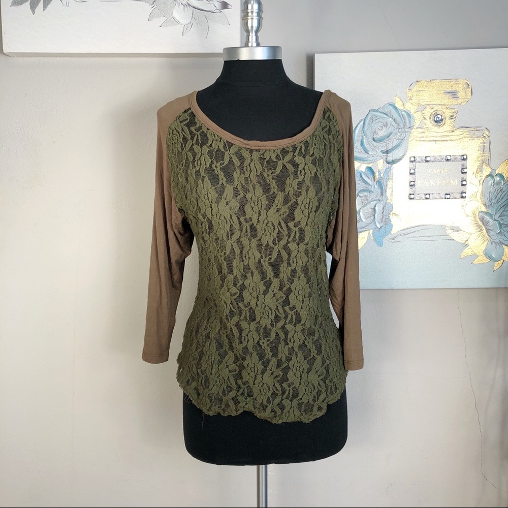 Miss Me Olive and Brown Sheer Blouse